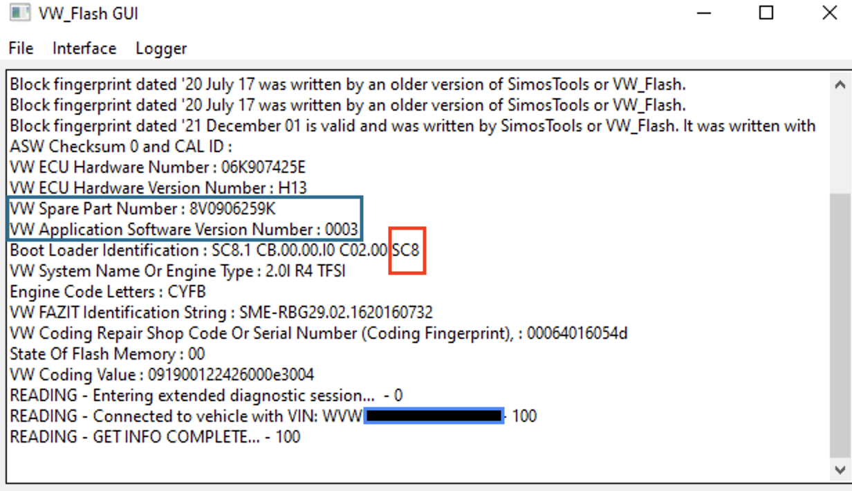 Screenshot of ECU Get Info